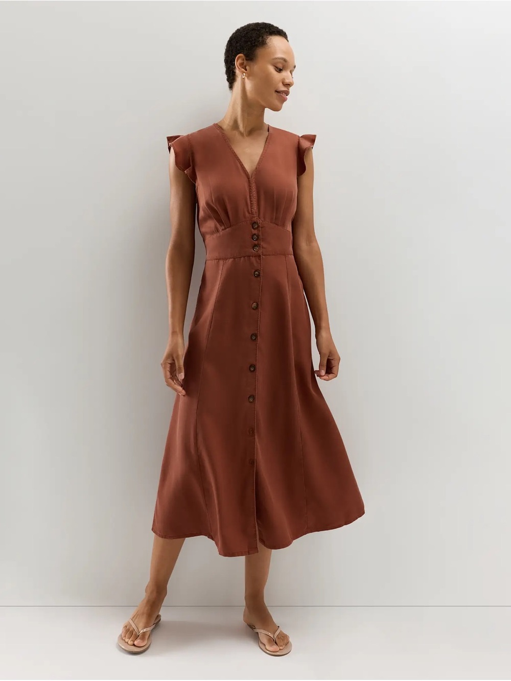 Vintage Wash Tencel Button Front Midi Dress